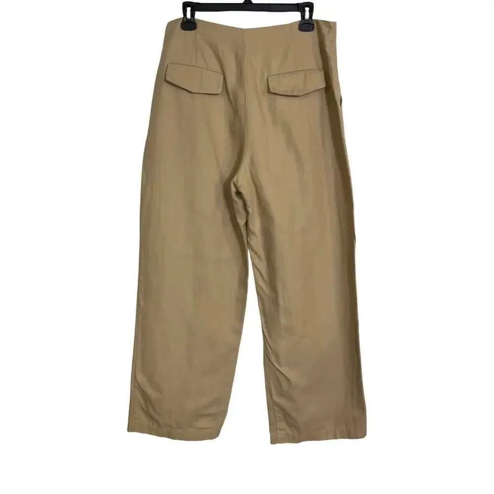 Zara Women’s Cotton Linen Wide Leg Trousers Khaki Tan Size Large High Rise